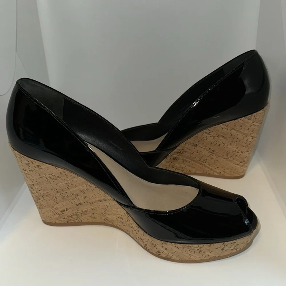 Via Spiga Black Patent Leather & Cork Platform Wedges Peep Toe Women’s 8